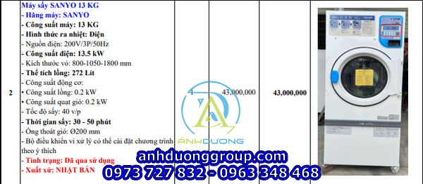 Máy sấy công nghiệp Sanyo 13kg cũ nhật bãi 